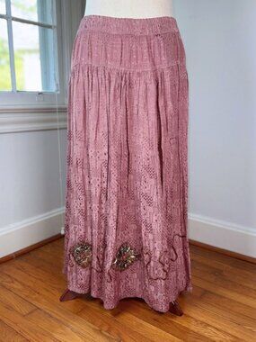 Vintage Whimsigoth Dusty Rose Pink Maxi Skirt Plus Size 3X Embroidered Gold